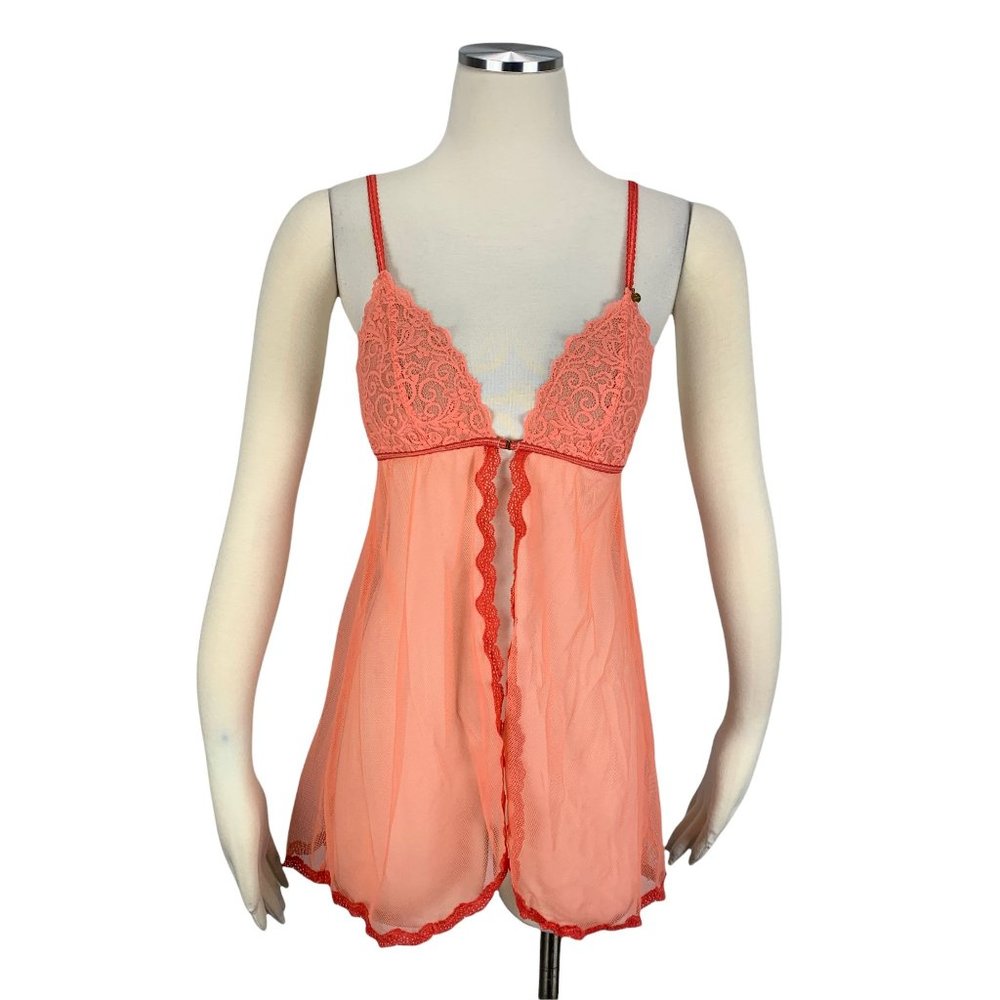 Victoria's Secret Small Nightie Chemise Lace Very Sexy See Through Peach Red